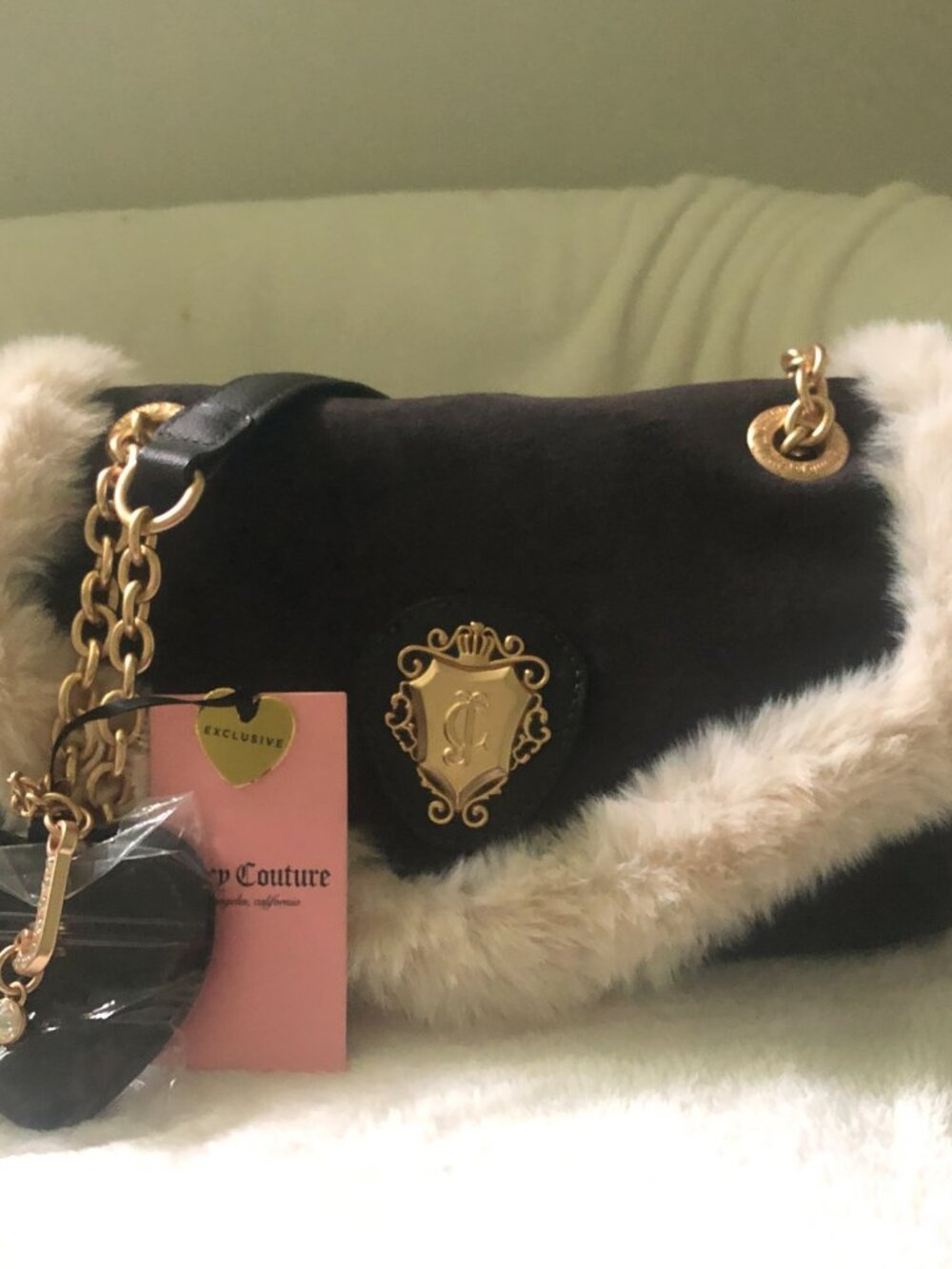 JUICE COUTURE Chocolate Suede & Beige Fur Handbag with Gold Strap